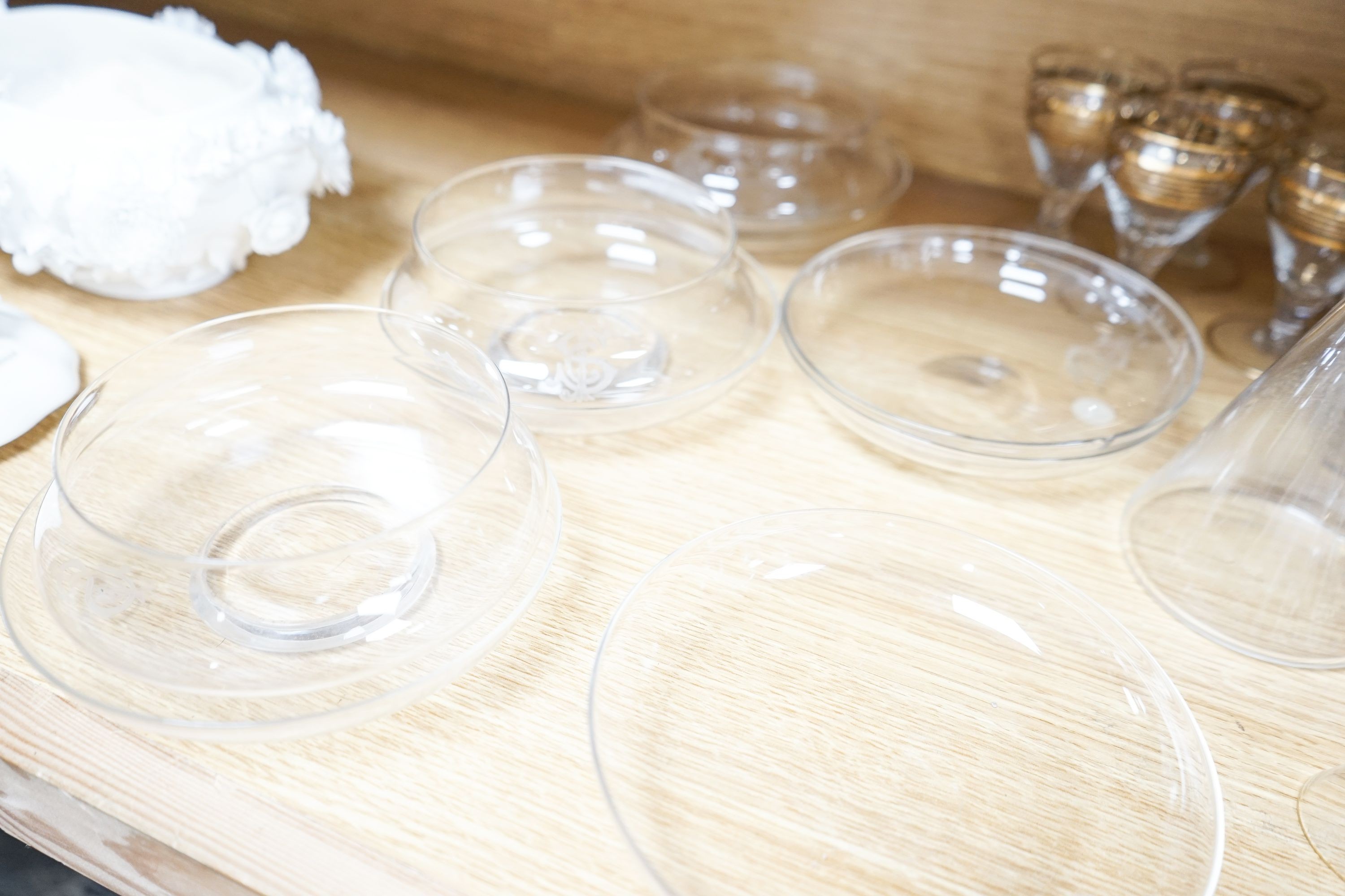 Drinking and other glassware, including an 18th wine glass with an engraved armorial (AF)